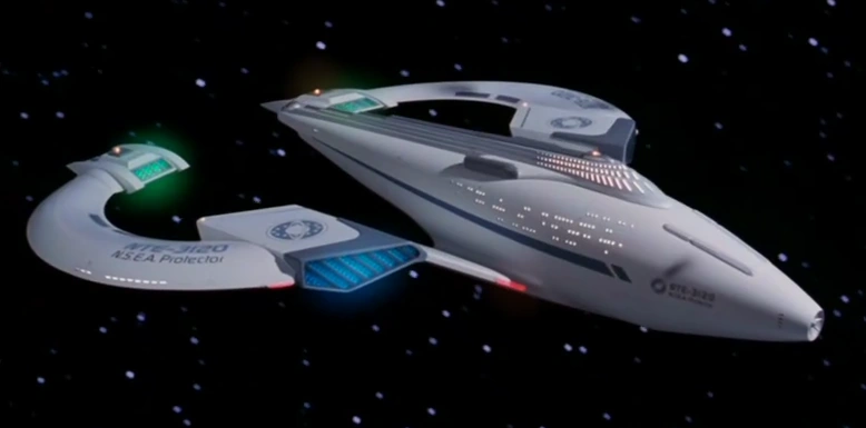 The NSEA Protector against a starfield